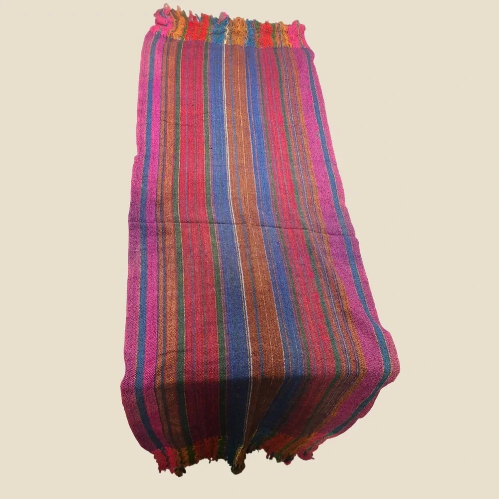 Vintage Handwoven Multi Color Striped Fringed Textile Runner Boho Folk Art